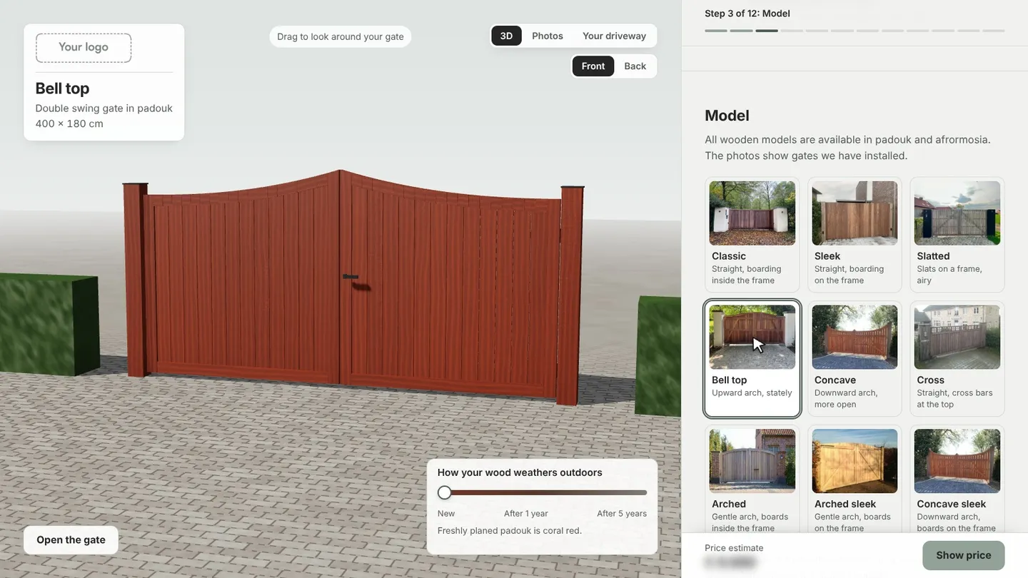 The configurator with a wooden gate in 3D and the models beside it