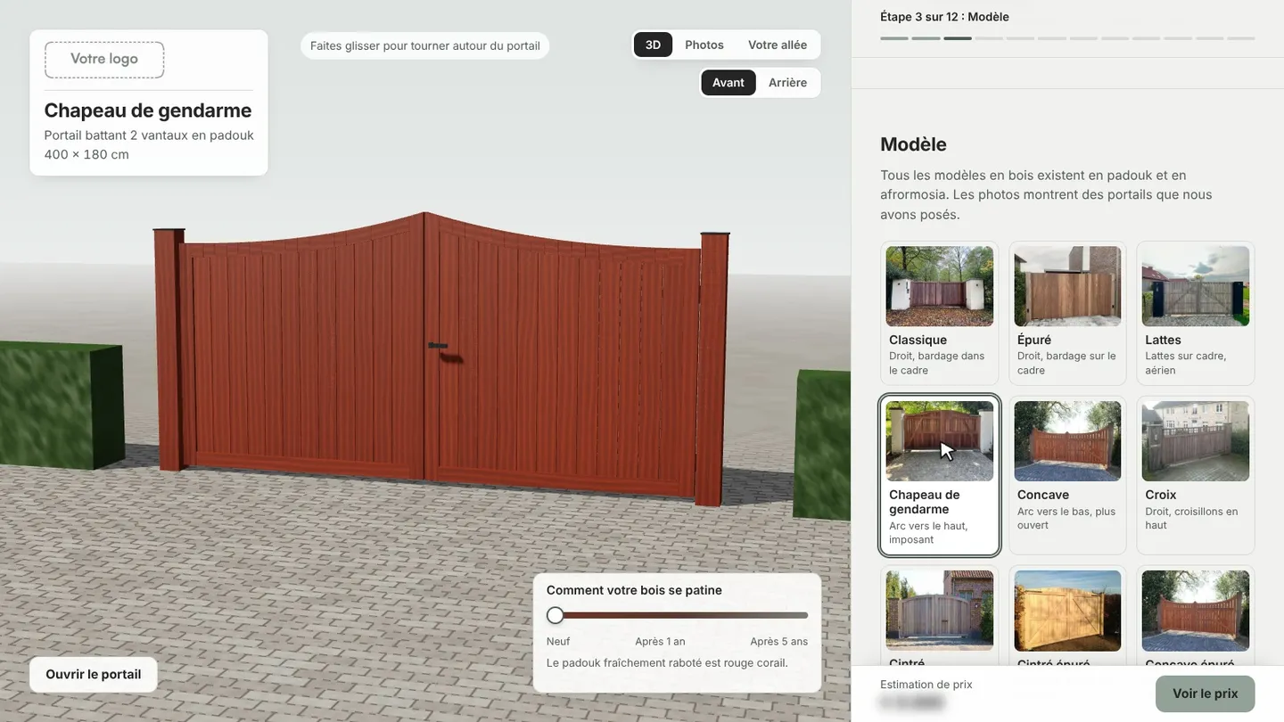 Le configurateur avec un portail en bois en 3D et les modèles à côté